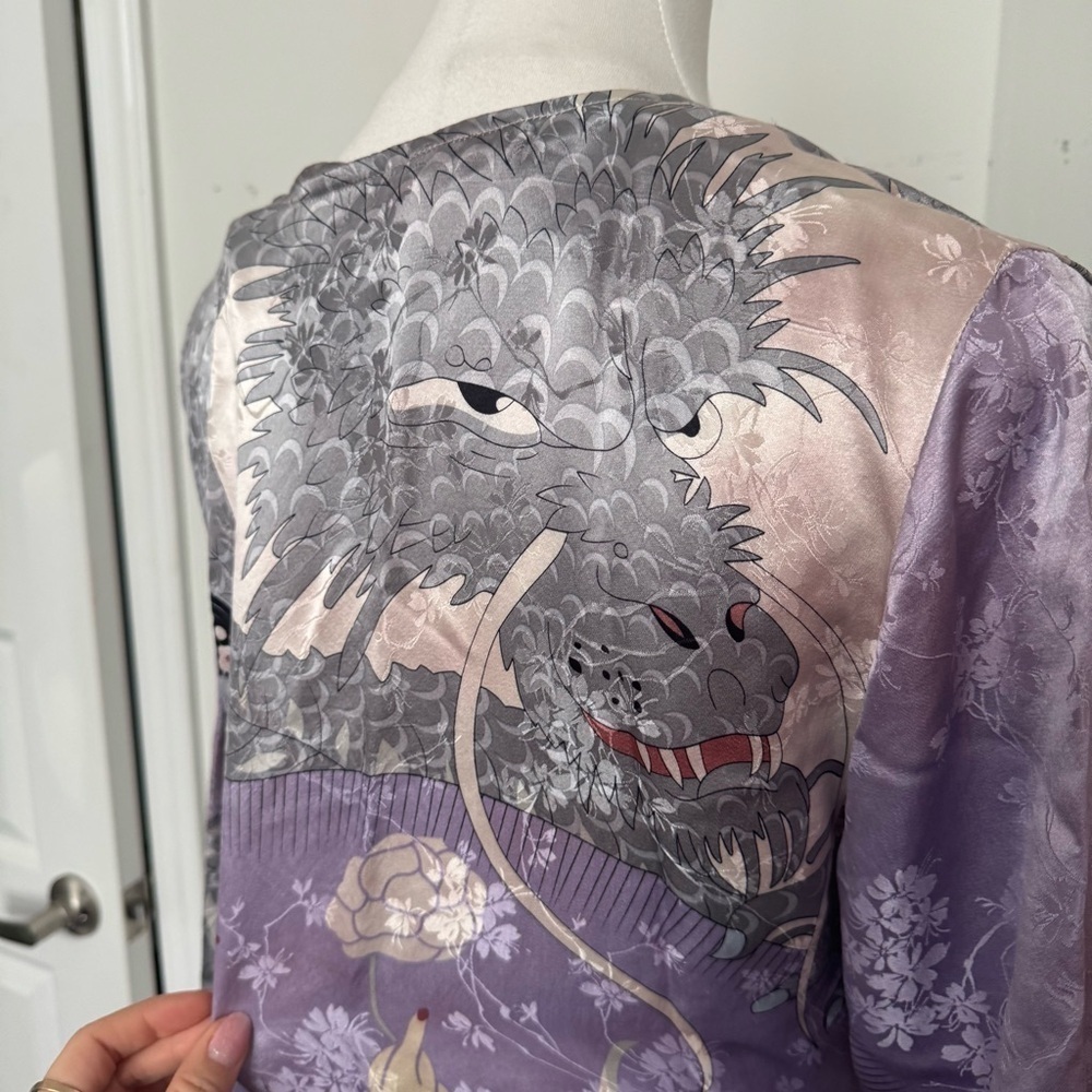 Vintage 100% Silk Kimono Robe Duster w Print japanese dragon geisha XL lavender - Picture 11 of 15